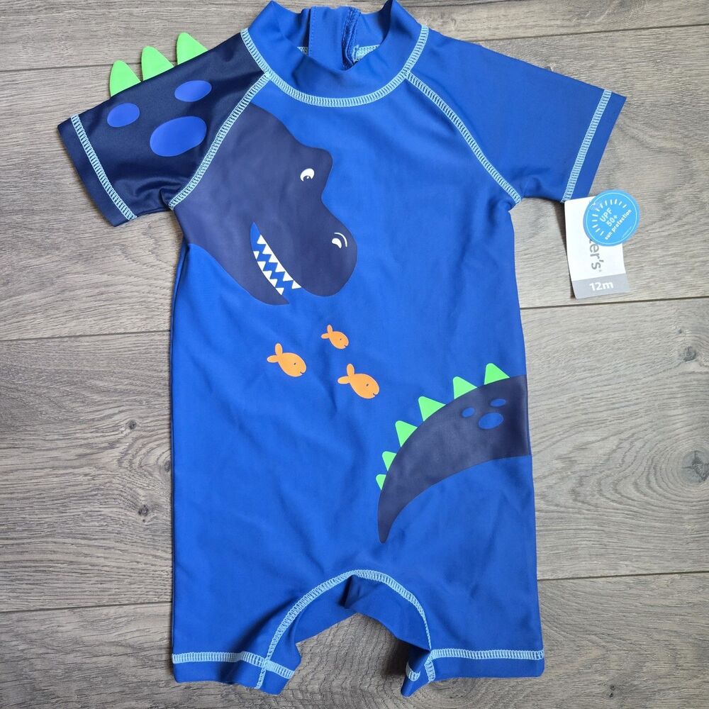 NWT Carter’s Baby Boy Dinosaur Rash Guard Swimsuit 12M Blue One Piece UPF 50+